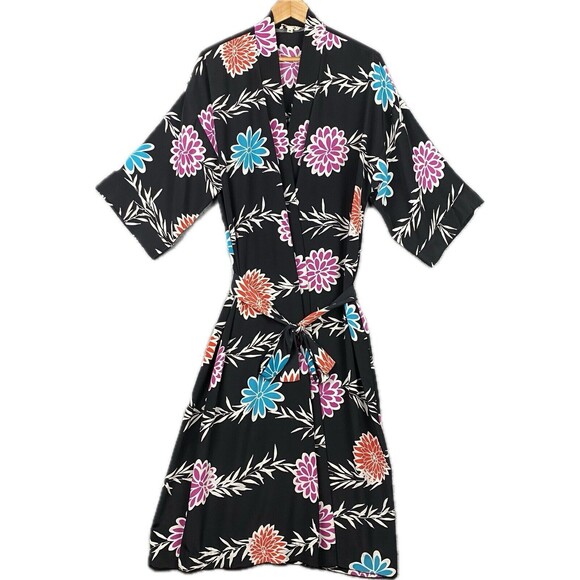 VTG Christian Dior Loungewear Robe Black M Belted Floral Made in USA *READ - Picture 1 of 16
